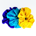 Load image into Gallery viewer, pure silk satin large size scrunchie set yellow purple blue colors handmade by Lynne Kiel
