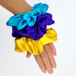 Load image into Gallery viewer, scrunchie set purple yellow turquoise pure silk large size hair accessory made in Canada by Lynne Kiel
