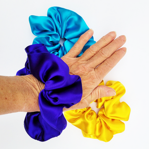 Pure silk scrunchies for hair yellow purple blue colors handmade by Lynne Kiel