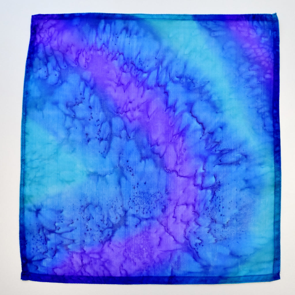 turquoise purple blue hand painted silk pocket square  men's fashion accessory made by Lynne Kiel