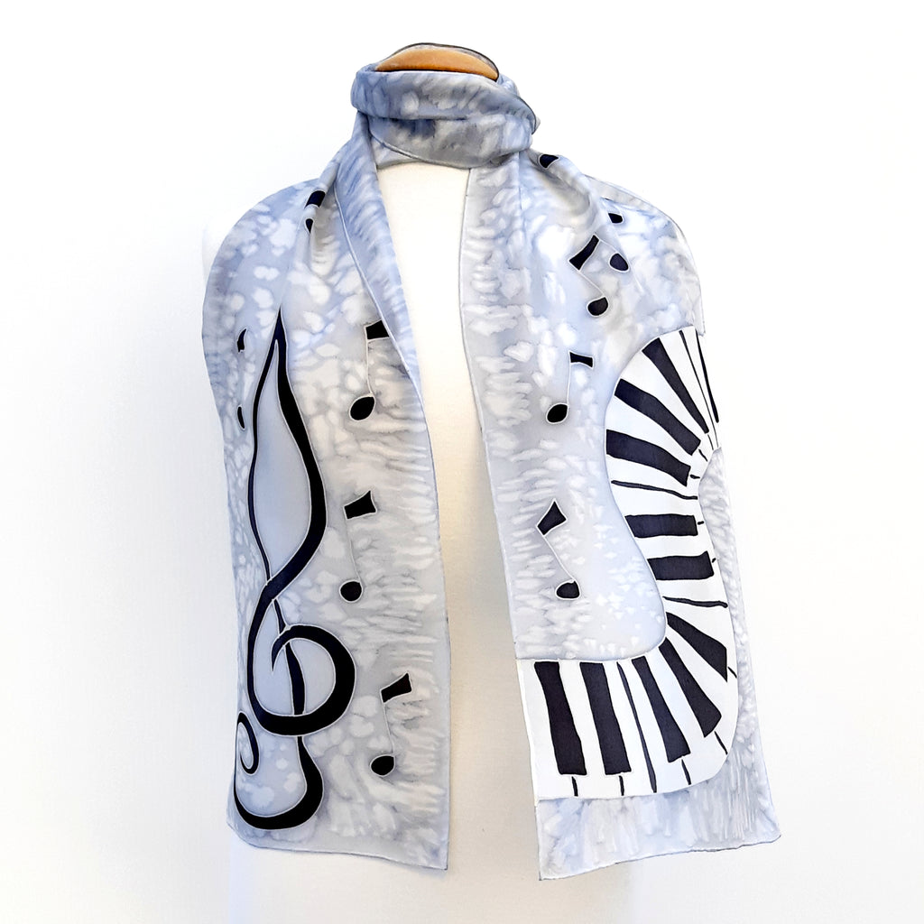 grey silk scarf piano keyboard music note art design made by Lynne Kiel