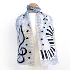 grey silk scarf piano keyboard music note art design made by Lynne Kiel