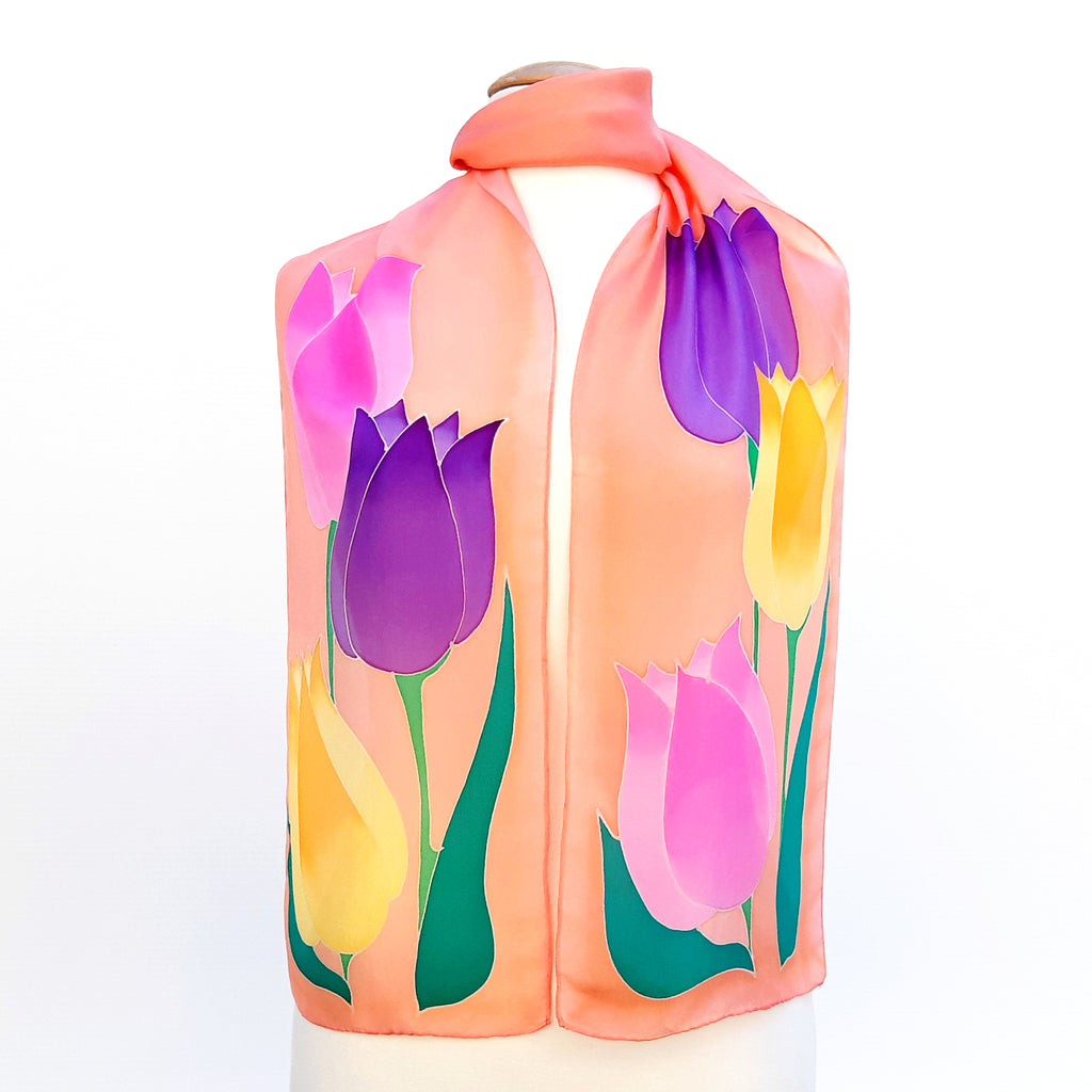 PAINTBOX TULIPS Pastel Green Pink Purple Yellow PAINTED SILK SCARF