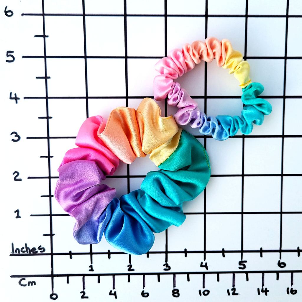 small size hair scrunchies in pure silk pin yellow handmade by Lynne Kiel