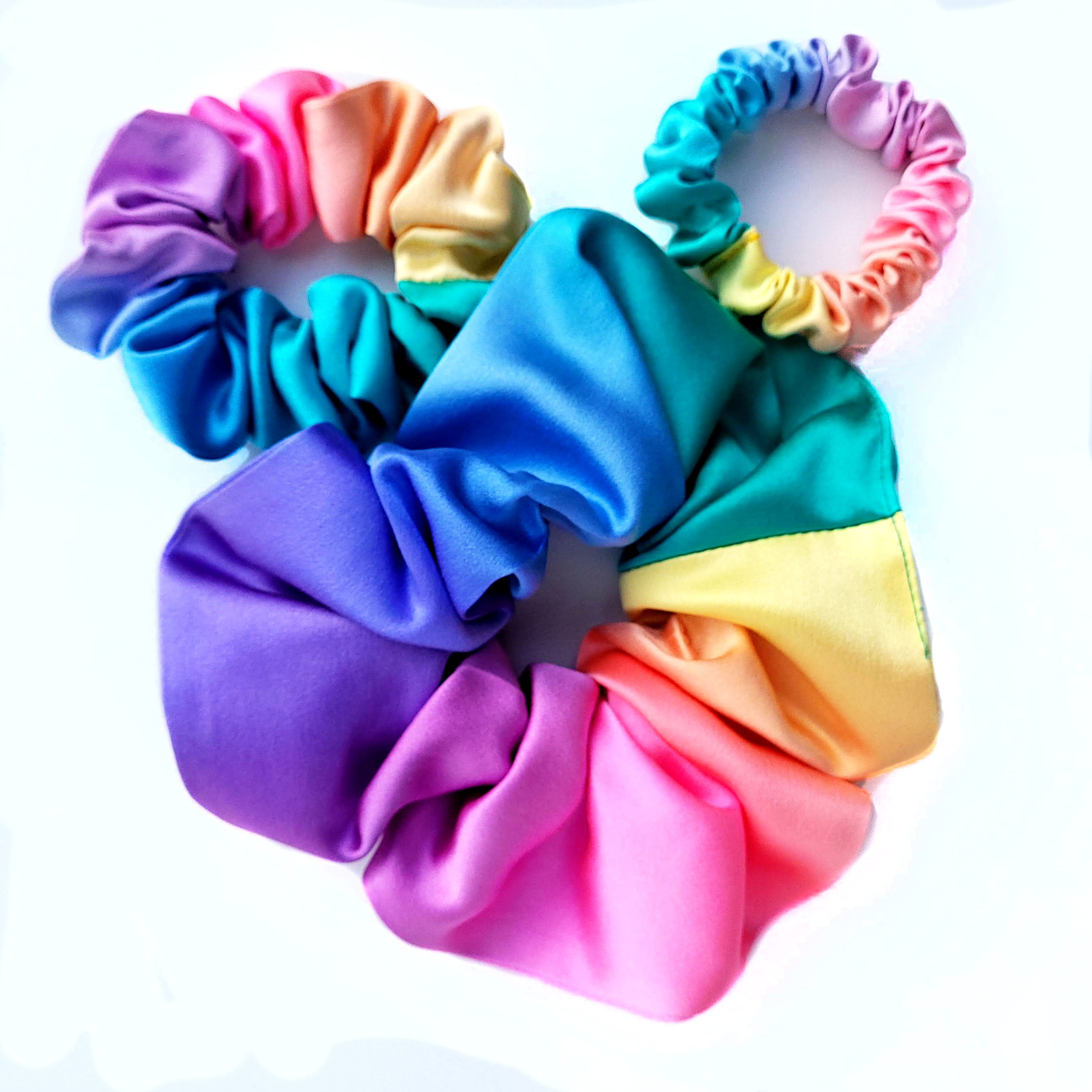 rainbow color silk scrunchie jumbo size handmade by Lynne Kiel