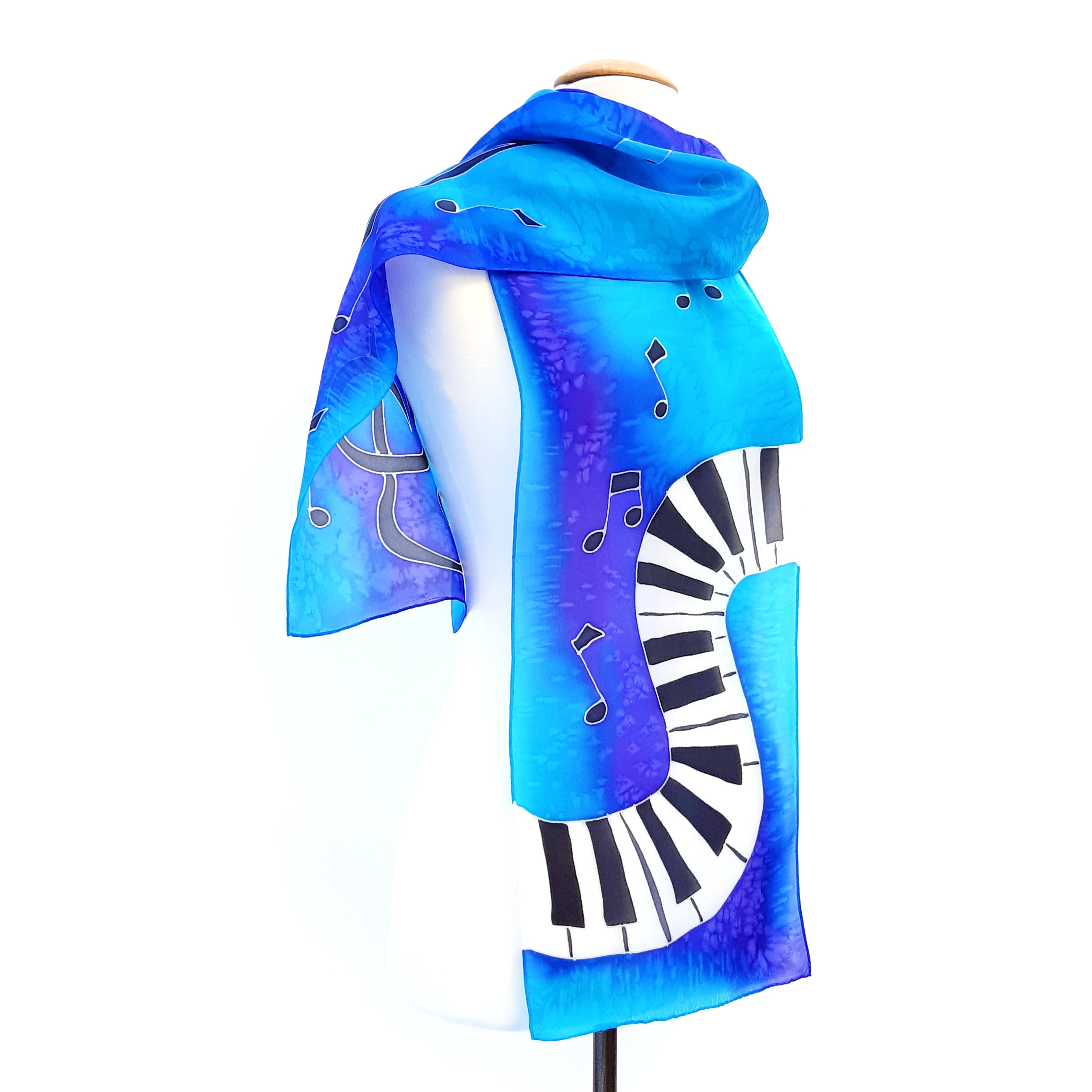 blues long silk scarf design piano music hand painted by Lynne Kiel