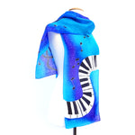 Load image into Gallery viewer, blues long silk scarf design piano music hand painted by Lynne Kiel

