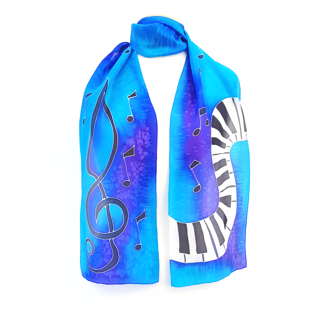 PIANO SILK SCARF Treble clef & Music PAINTED SILK  Rainbow Pink Blue