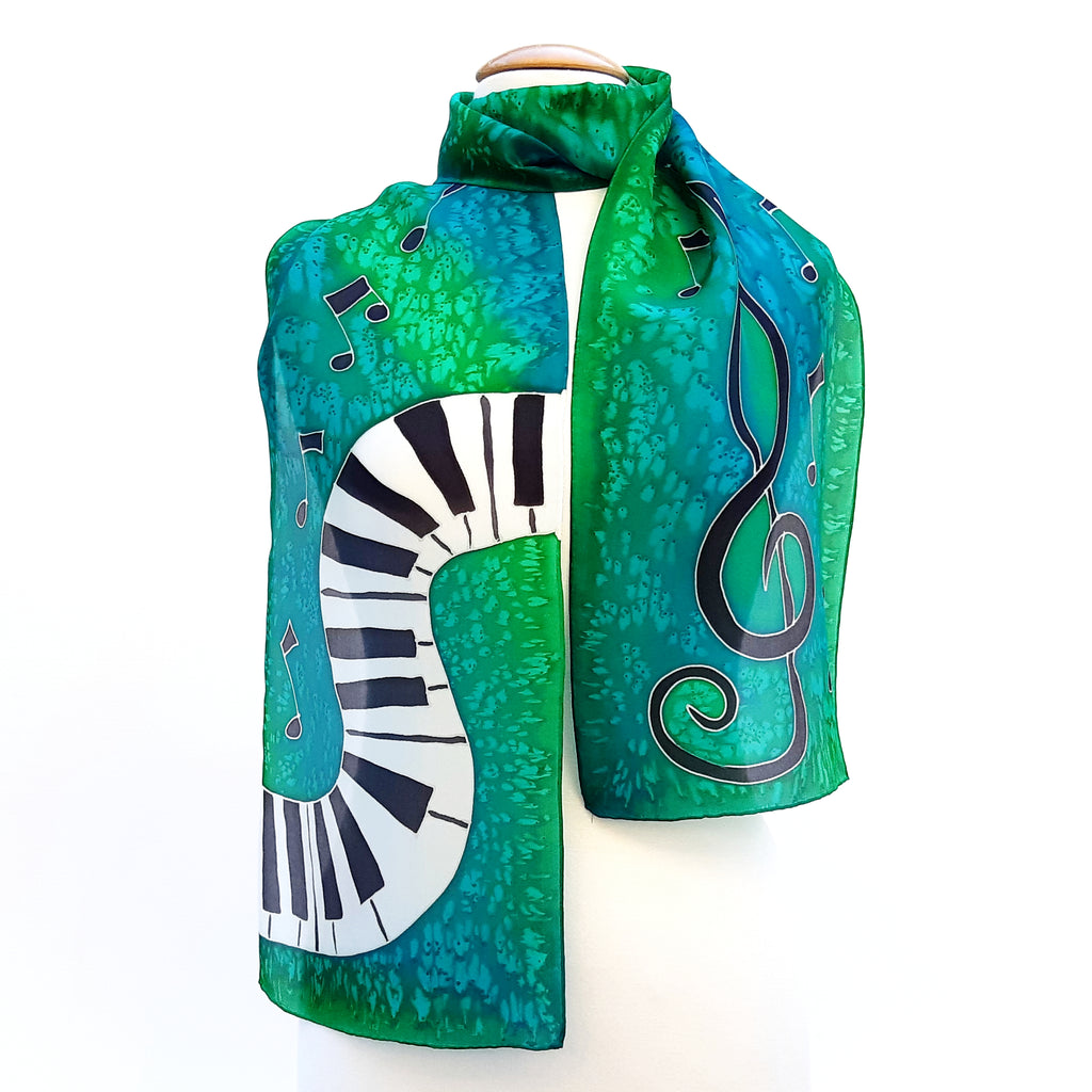 PIANO SILK SCARF Treble clef & Music PAINTED SILK  Rainbow Pink Blue