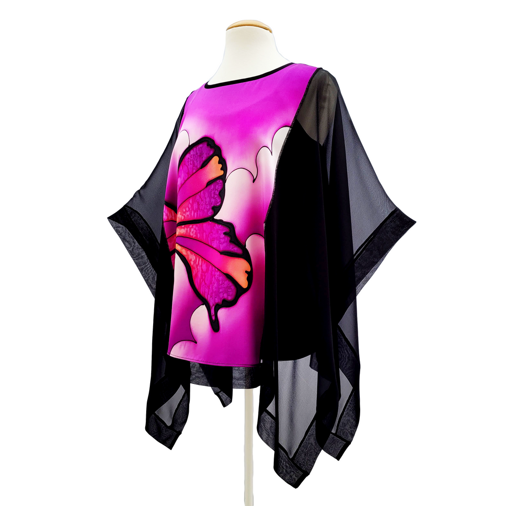 hand painted silk top pink butterfly art design made in Canada by Lynne Kiel