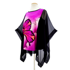 hand painted silk top pink butterfly art design made in Canada by Lynne Kiel