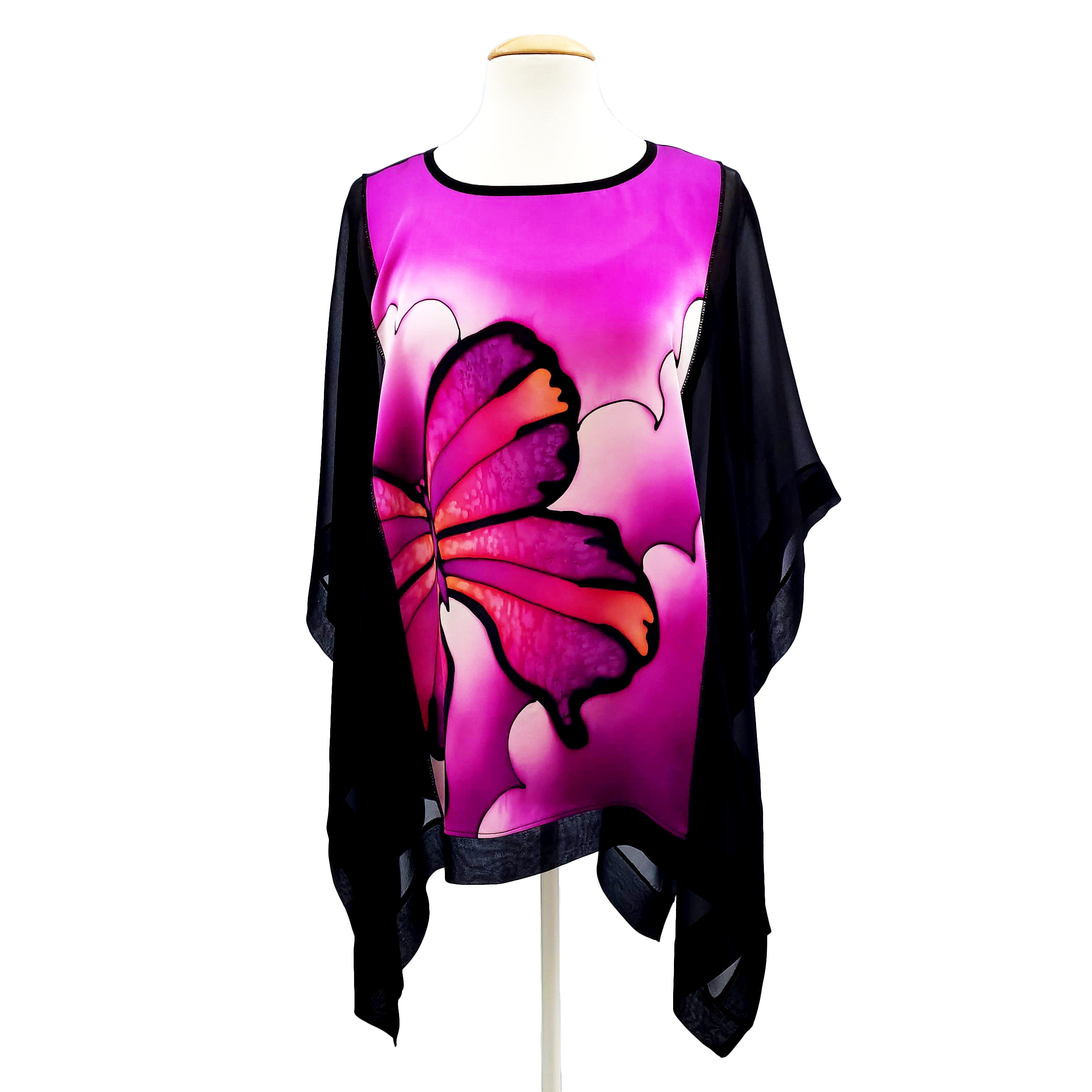 hand painted silk top pink butterfly art design  cruise wear fashion handmade by Lynne Kiel