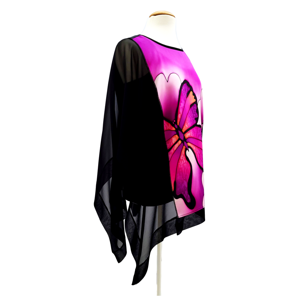 One size ladies silk top hand painted pink butterfly art design handmade by Lynne Kiel