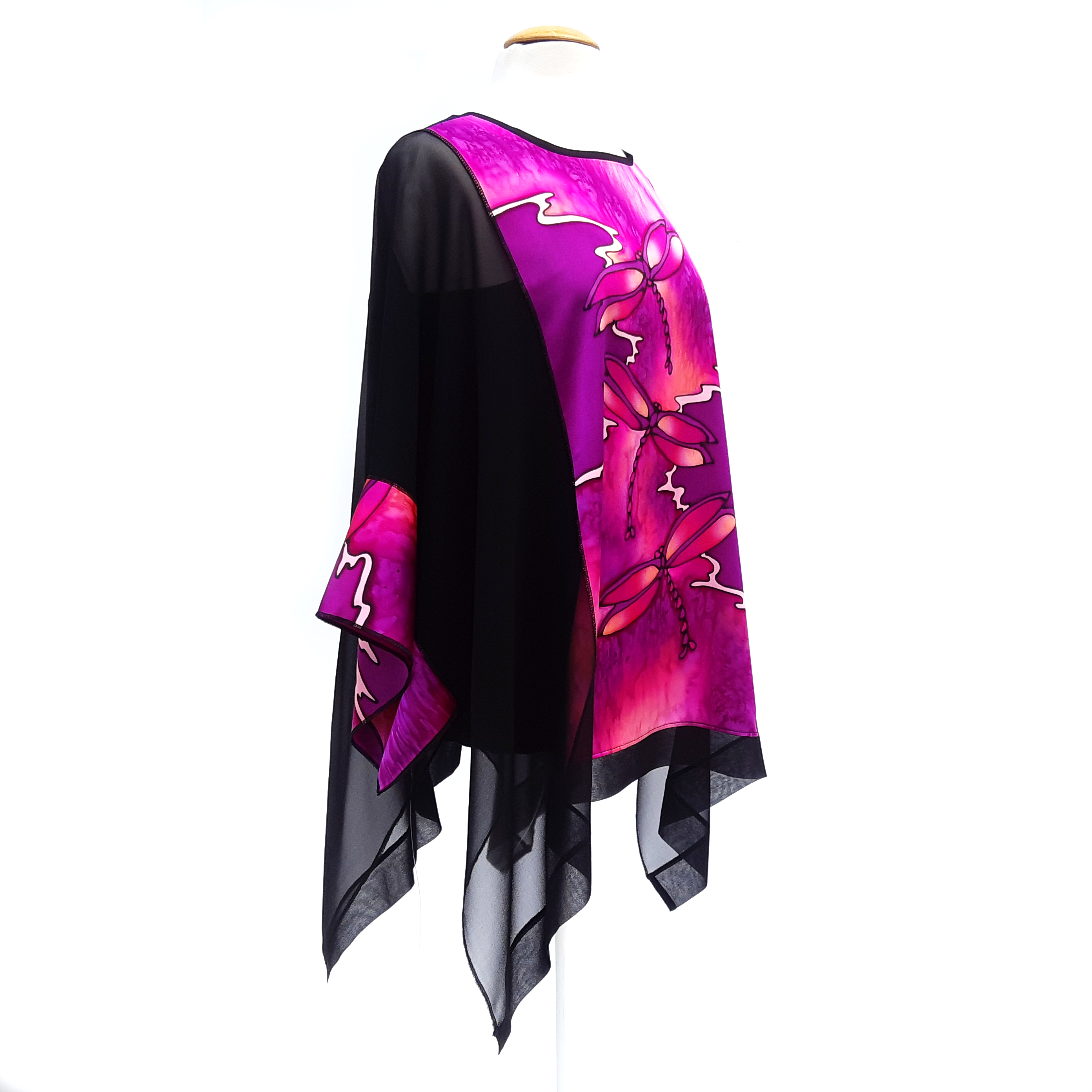 Plus size ladies fashion long top hand painted black and pink silk caftan by Lynne Kiel