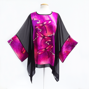 black silk long caftan top for women hand painted pink dragonflies made by Lynne Kiel