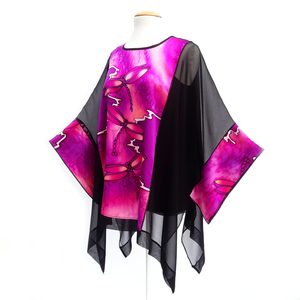 one size dragonfly caftan top hand painted black and pink silk made by Lynne Kiel