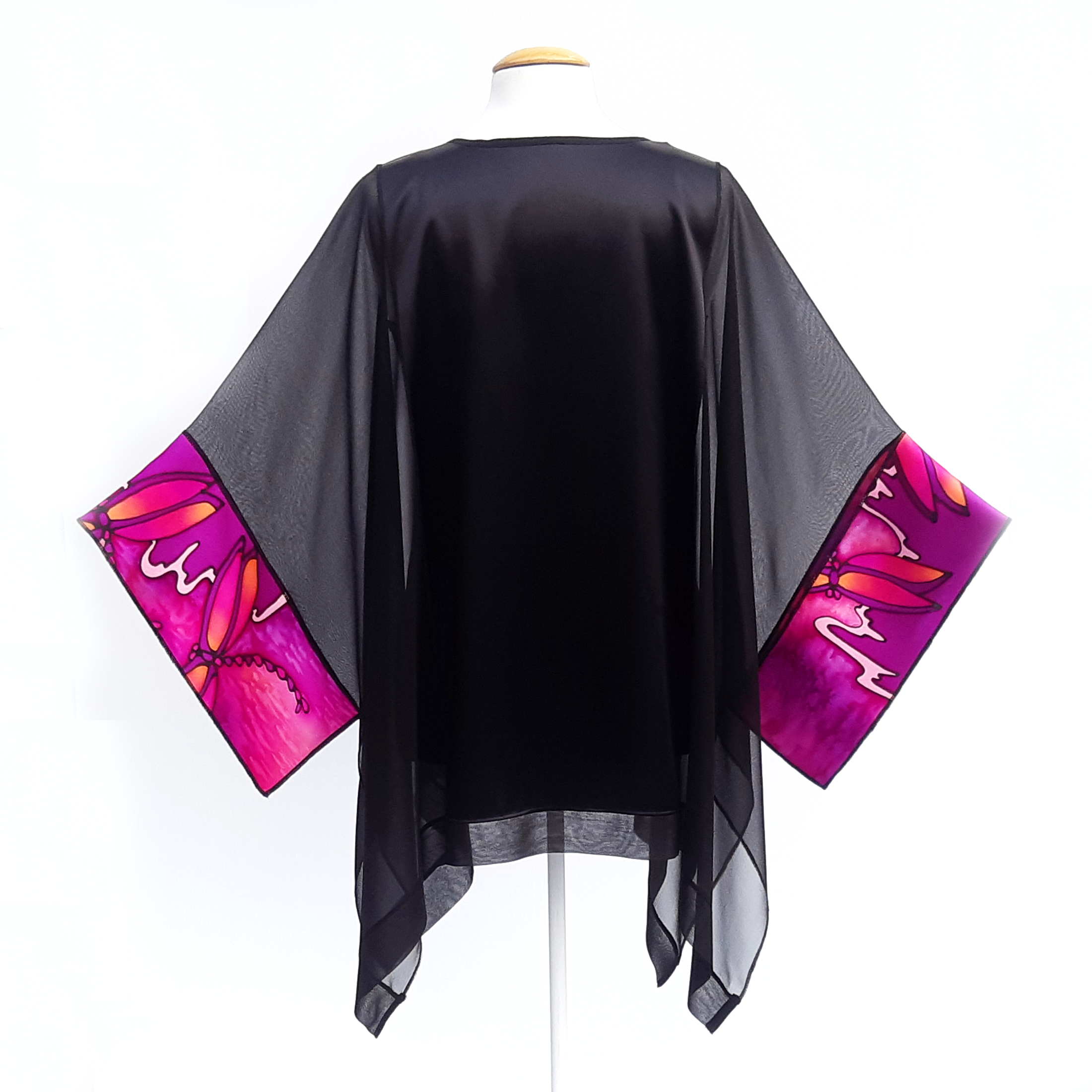 design silk caftan top for women one size painted silk pink and black for cruise wear and wedding outfit