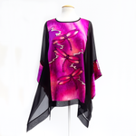 Load image into Gallery viewer, one size black caftan top pink dragonfly black silk  hand painted art made by Lynne Kiel
