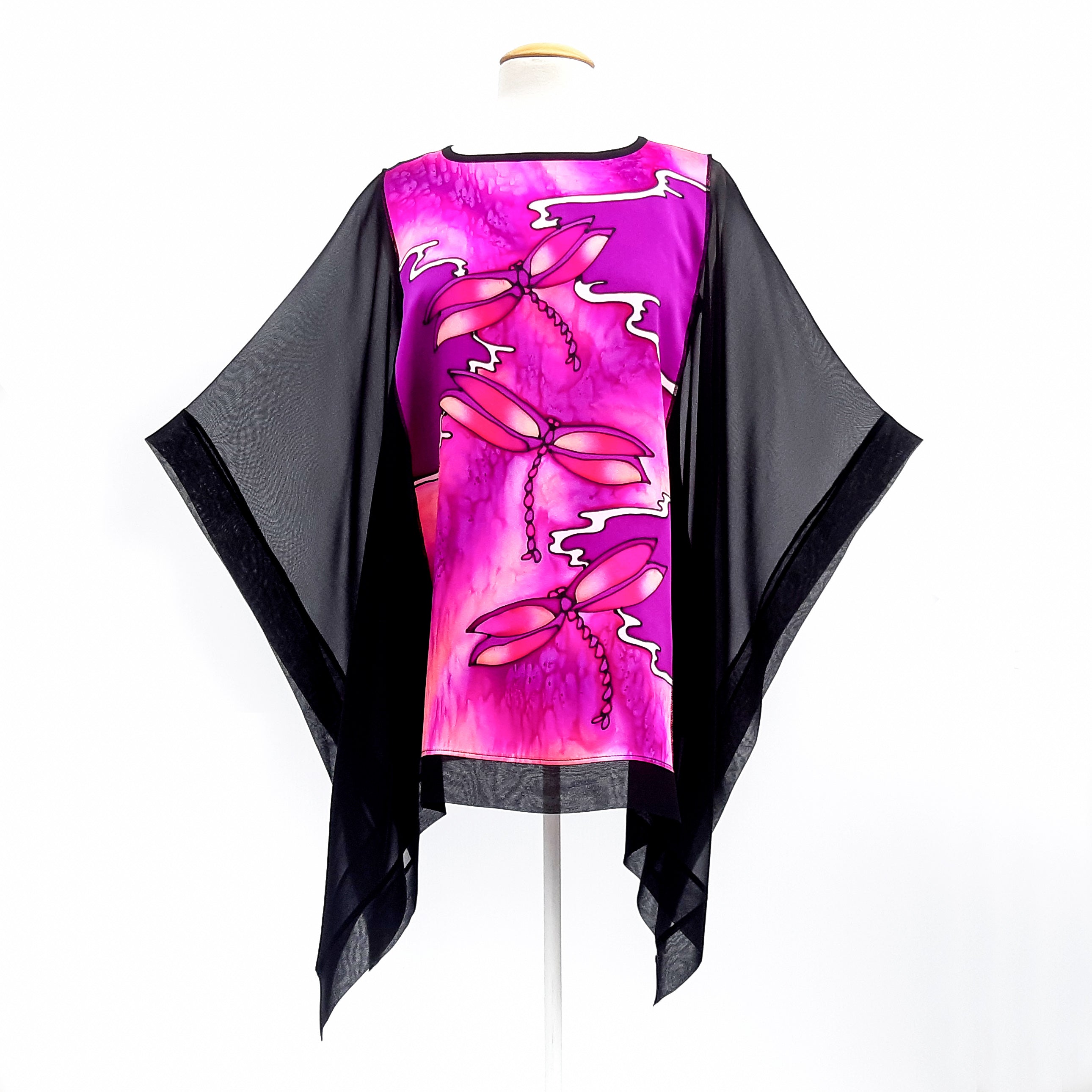 painted silk pink dragonfly design top one size silk clothing handmade by Lynne Kiel