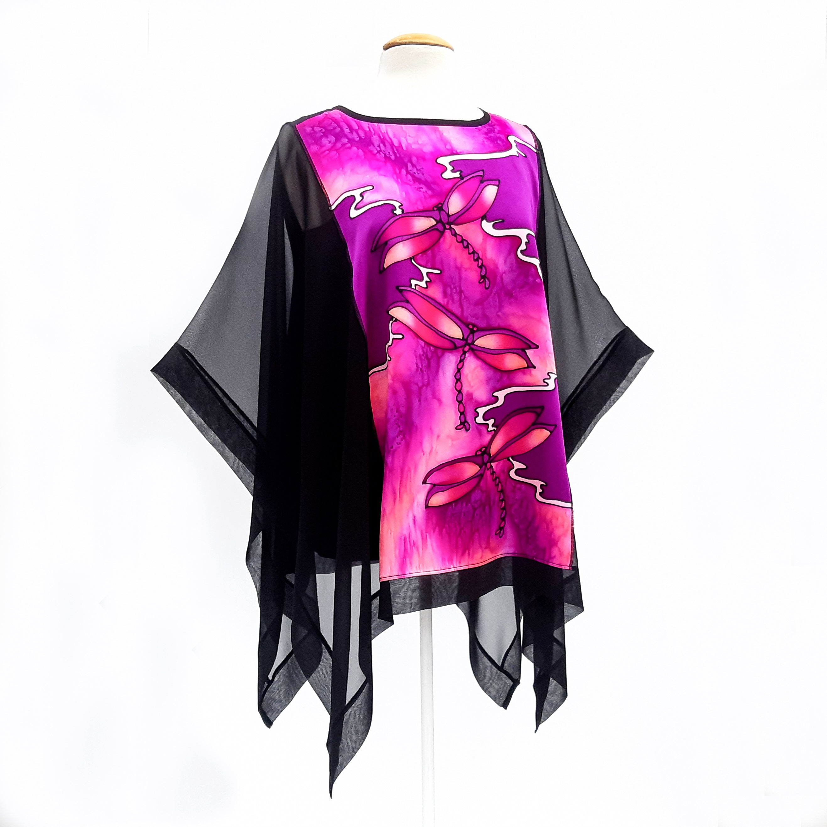 long black poncho top painted silk pink dragonfly design one size clothing made by Lynne Kiel