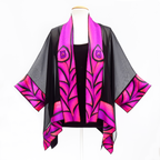 one size ladies kimono hand painted pure silk peacock feather pink purple black colors handmade by Lynne Kiel made in Canada
