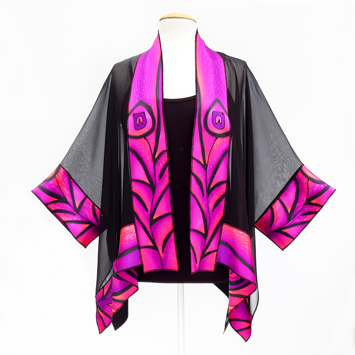 one size ladies kimono hand painted pure silk peacock feather pink purple black colors handmade by Lynne Kiel made in Canada