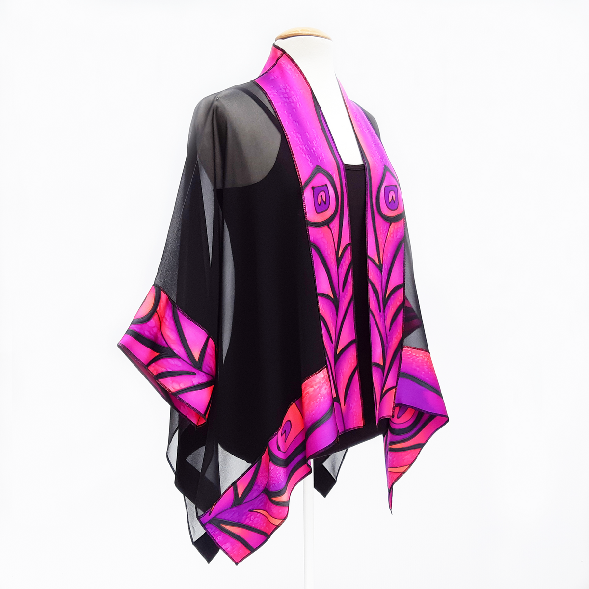 Pure silk sheer black kimono one size ladies top hand painted peacock art design handmade by Lynne Kiel made in Canada