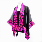 Pink purple black color kimono one size ladies top handpainted peacock feather art design handmade by Lynne Kiel made in Canada