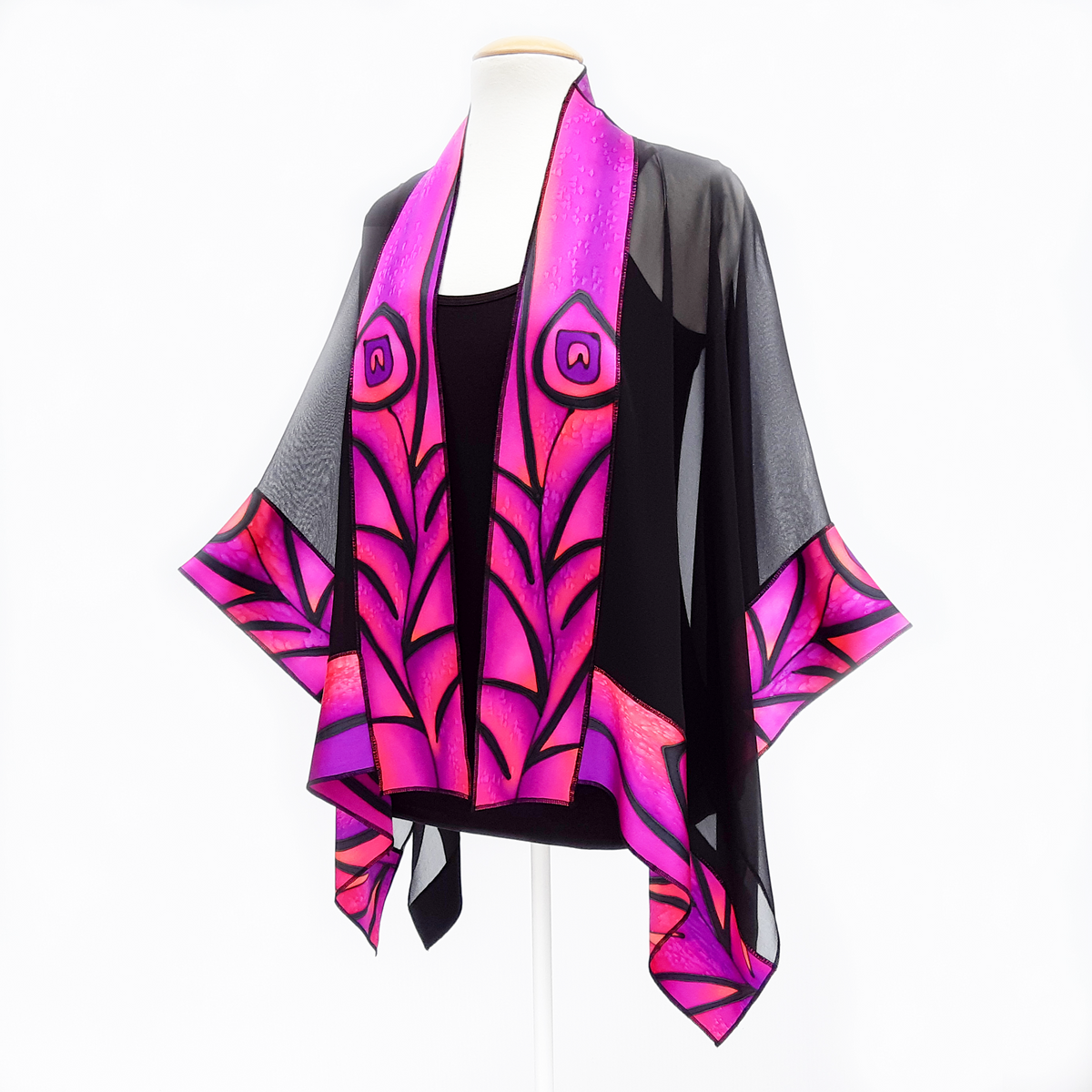 Pink purple black color kimono one size ladies top handpainted peacock feather art design handmade by Lynne Kiel made in Canada
