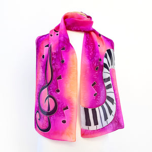 pink silk scarf hand painted piano treble clef made by Lynne Kiel