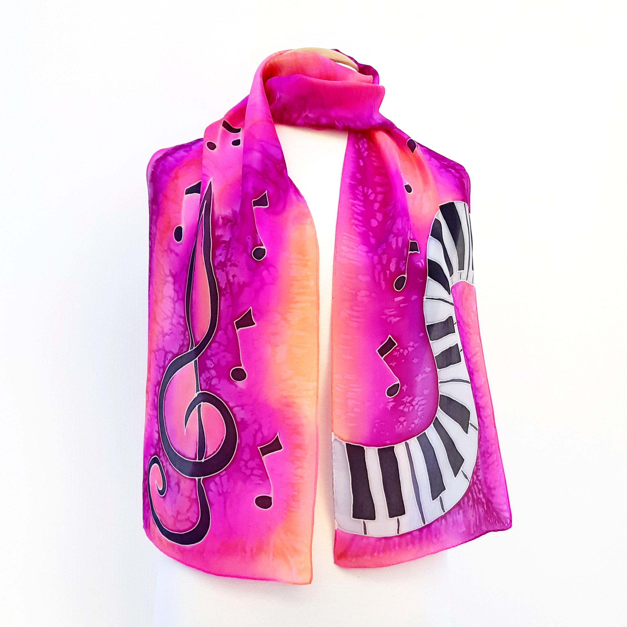 PIANO SILK SCARF Treble clef & Music PAINTED SILK  Rainbow Pink Blue