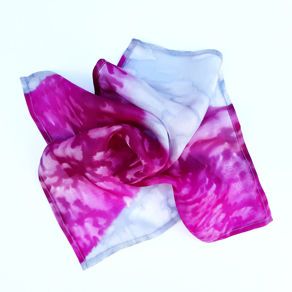Men's fashion accessory pocket square hand painted pink silver colors by Lynne Kiel