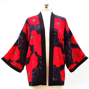 Silk clothing for women hand painted red poppies handmade by Lynne Kiel