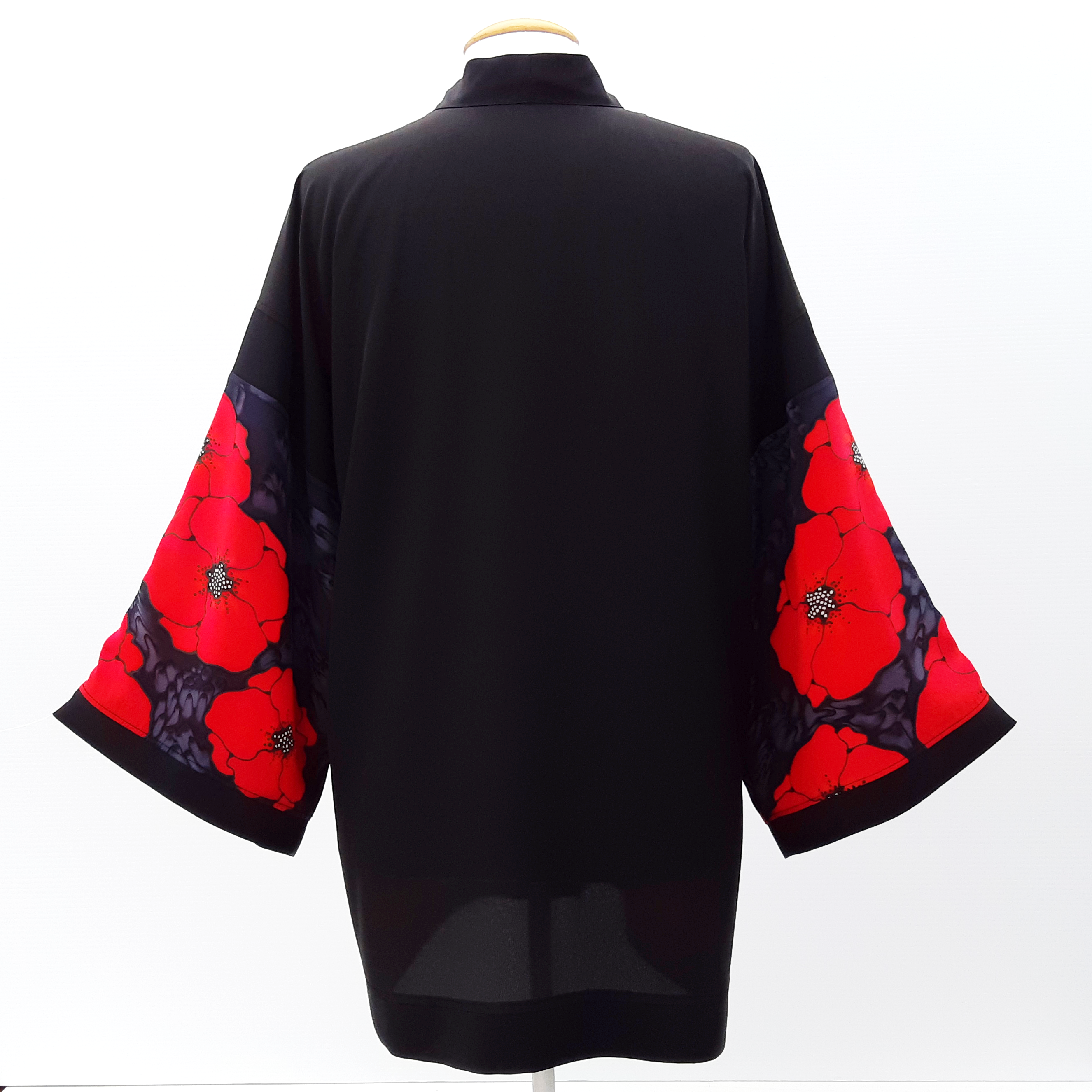 Silk clothing Kimono jacket hand painted poppy art handmade by Lynne Kiel