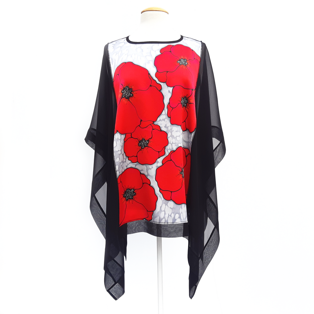 painted silk red poppies silver black long top handmade by Lynne Kiel