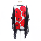 painted silk red poppies silver black long top handmade by Lynne Kiel