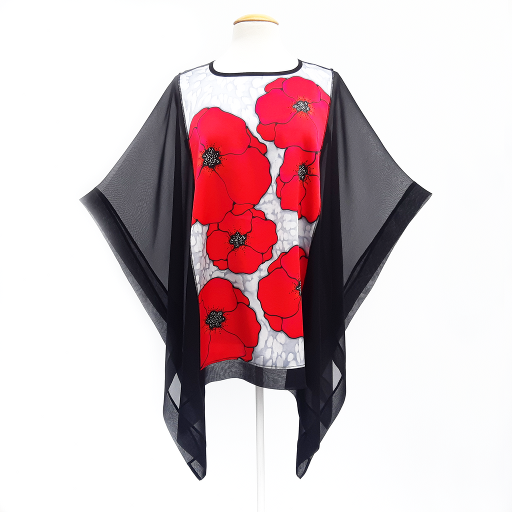 painted silk red poppies black poncho top one size handmade by Lynne Kiel