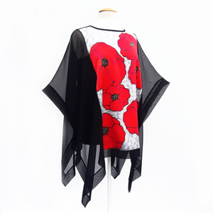 one size black poncho top painted silk poppy design handmade by Lynne Kiel