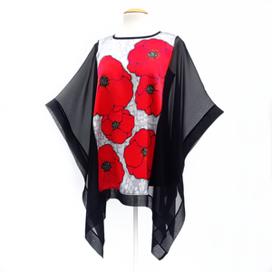 pure silk red poppy design top one size cruise wear made in Canada