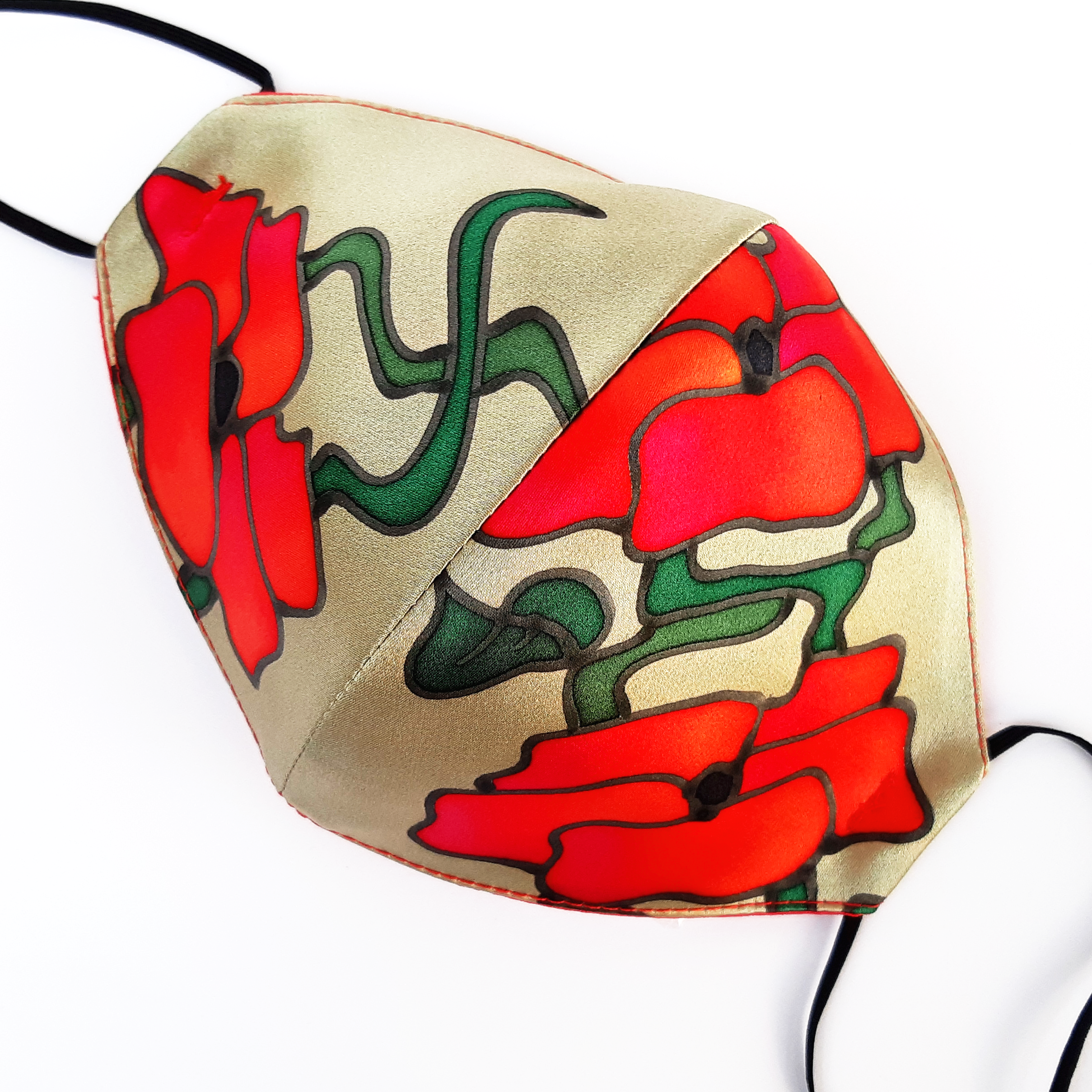 hand painted poppies  fitted silk facemask washable 