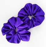 Load image into Gallery viewer, purple silk satin scrunchies in large and small sizes made by Lynne Kiel
