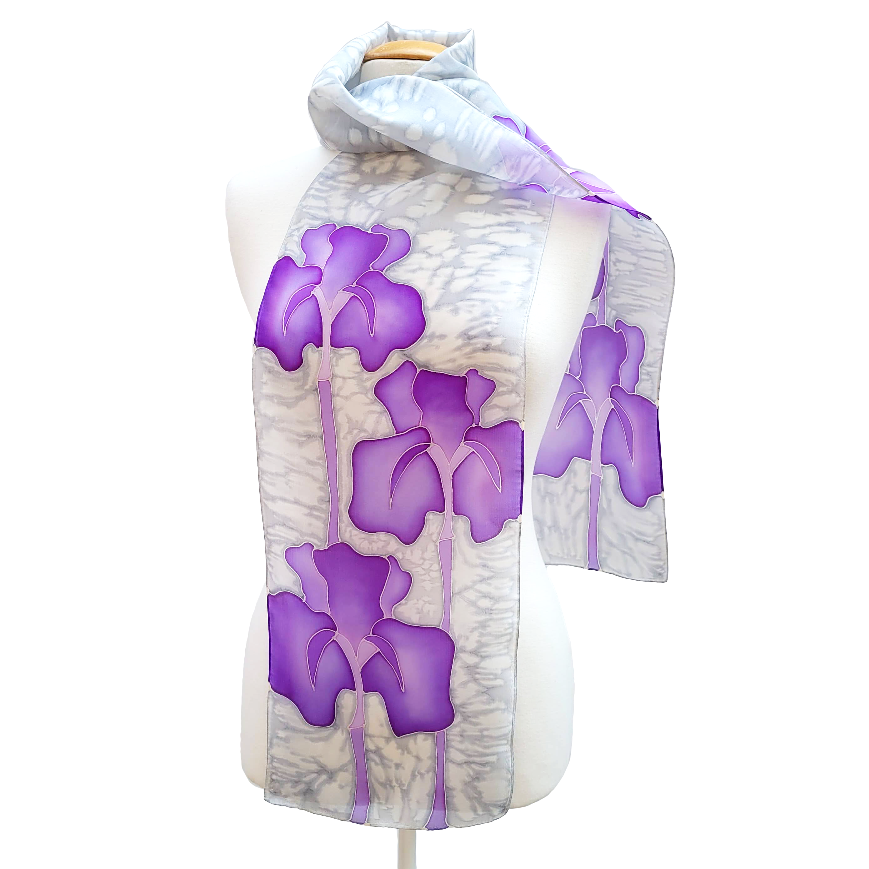 hand painted silk scarf purple and silver iris flower art design handmade by Lynne Kiel