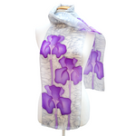 Load image into Gallery viewer, hand painted silk scarf purple and silver iris flower art design handmade by Lynne Kiel
