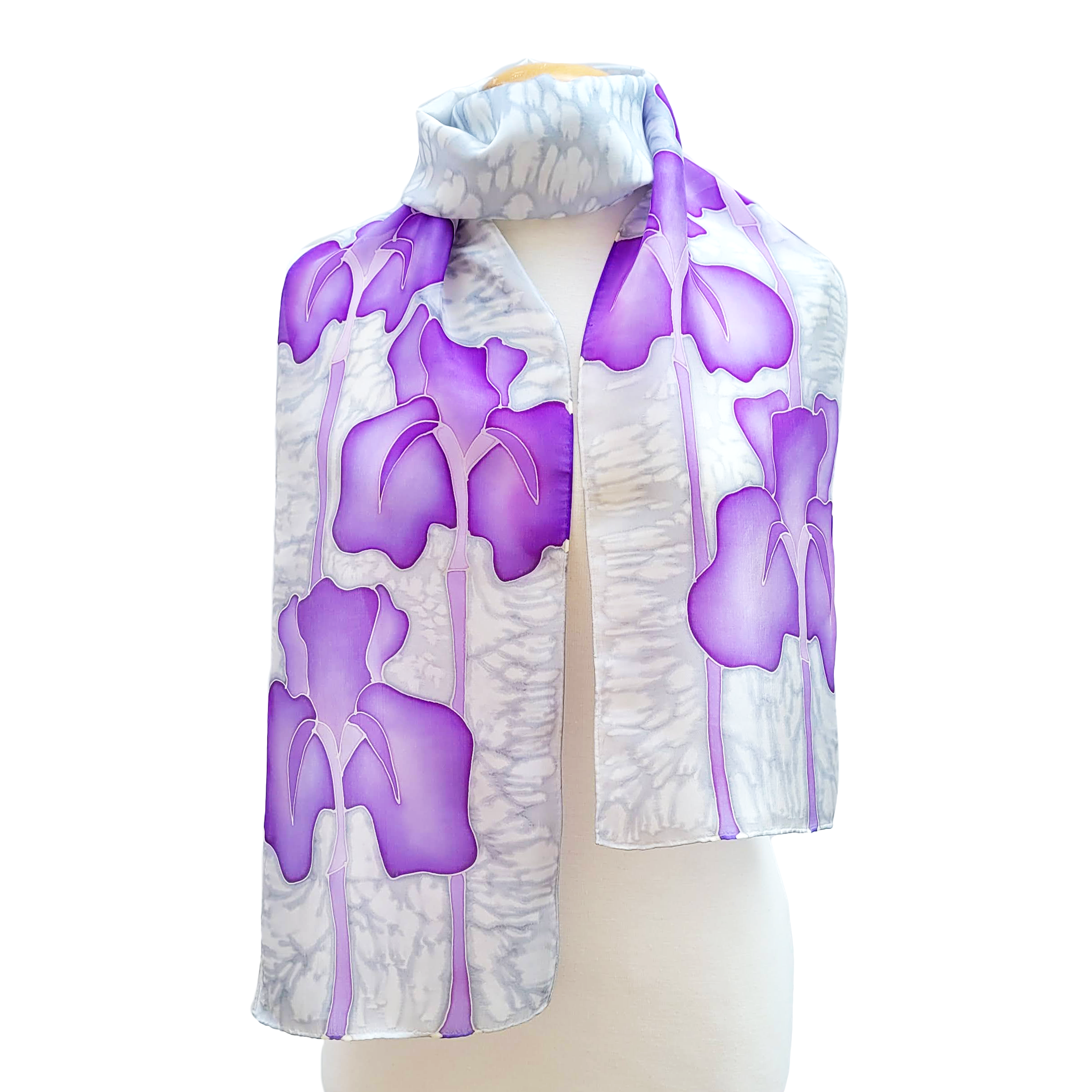 hand painted silk scarves purple and silver color handmade by Lynne Kiel