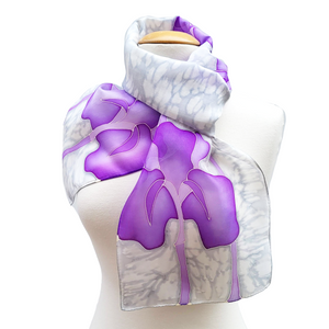 pure silk scarf hand painted purple iris flower art design handmade in Canada by Lynne Kiel