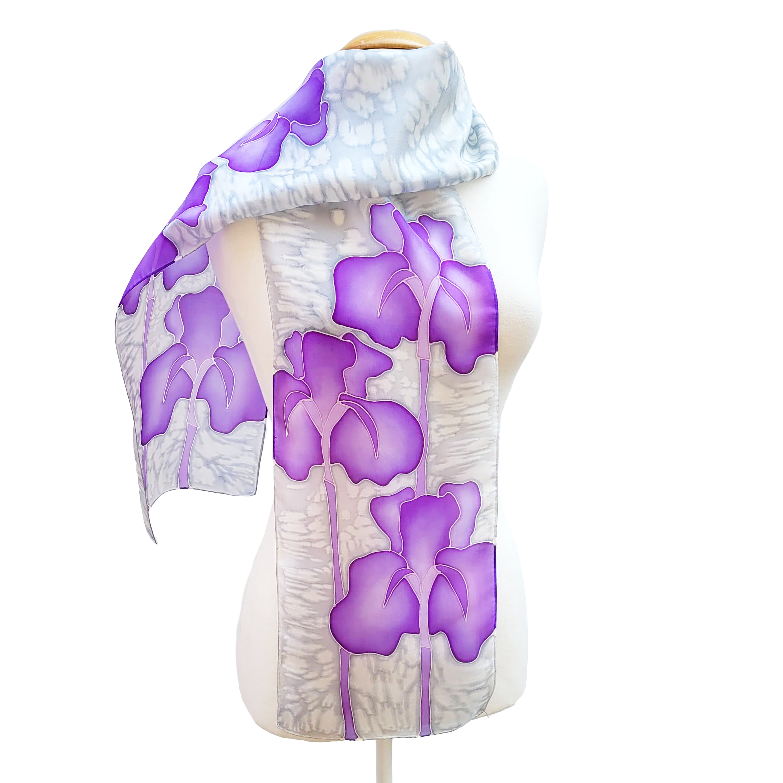 purple silk scarf iris flower art design hand painted by Lynne Kiel