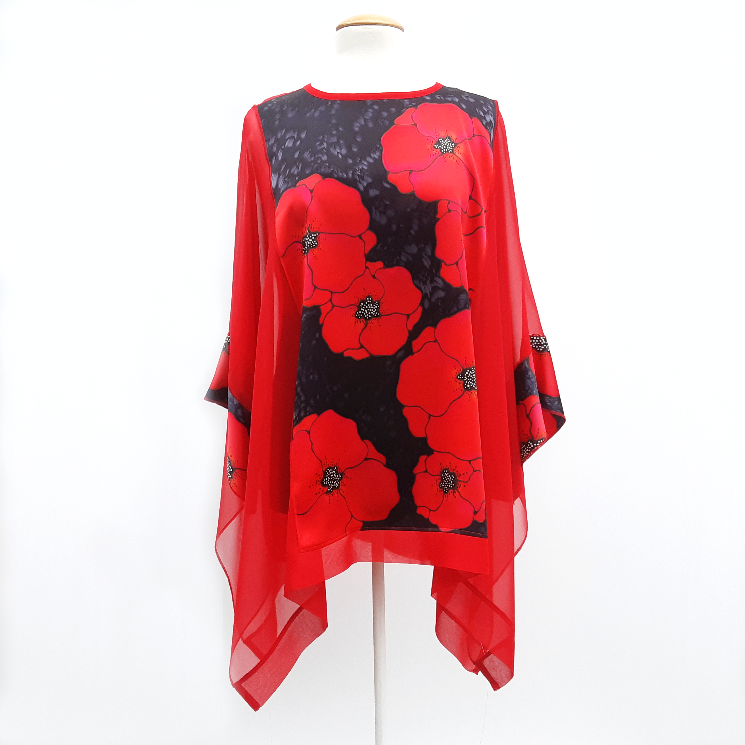 Plus size caftan top red silk for weddings and cruise wear made in Canada