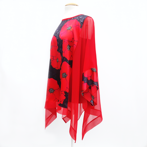 red silk long top for women caftan style one size made in Canada by Lynne Kiel