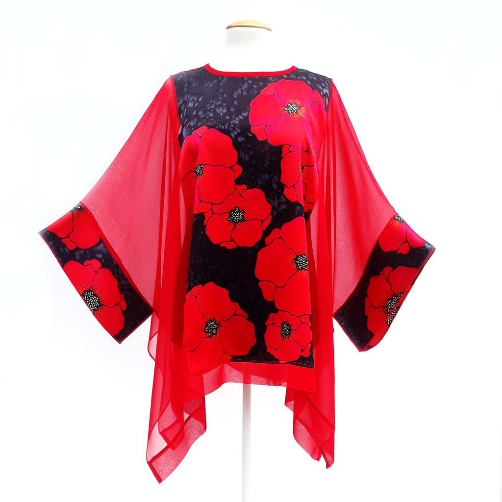 red caftan top hand painted silk poppies cruise wear wedding outfit made by Lynne Kiel