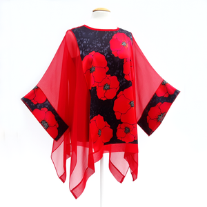 made in Canada painted silk red  caftan top hand made by Lynne Kiel